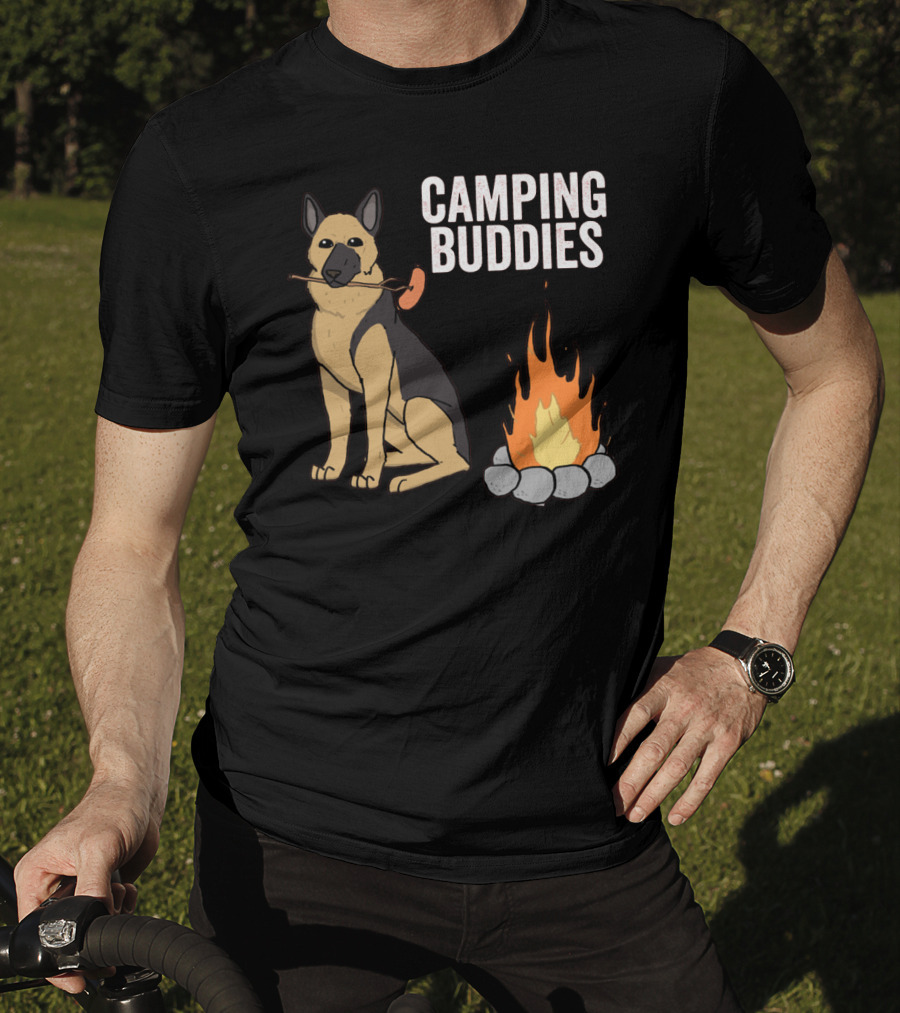 Camping Buddies German Shepherd Roasting By Campfire T-Shirt