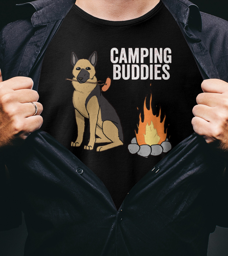 Camping Buddies German Shepherd Roasting By Campfire T-Shirt