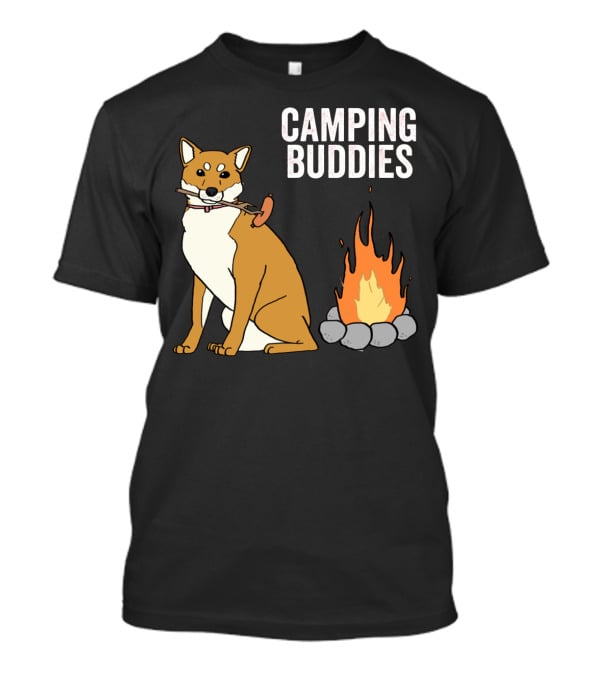 Camping Buddies Shiba Inu Roasting Sausage Near Campfire T-Shirt