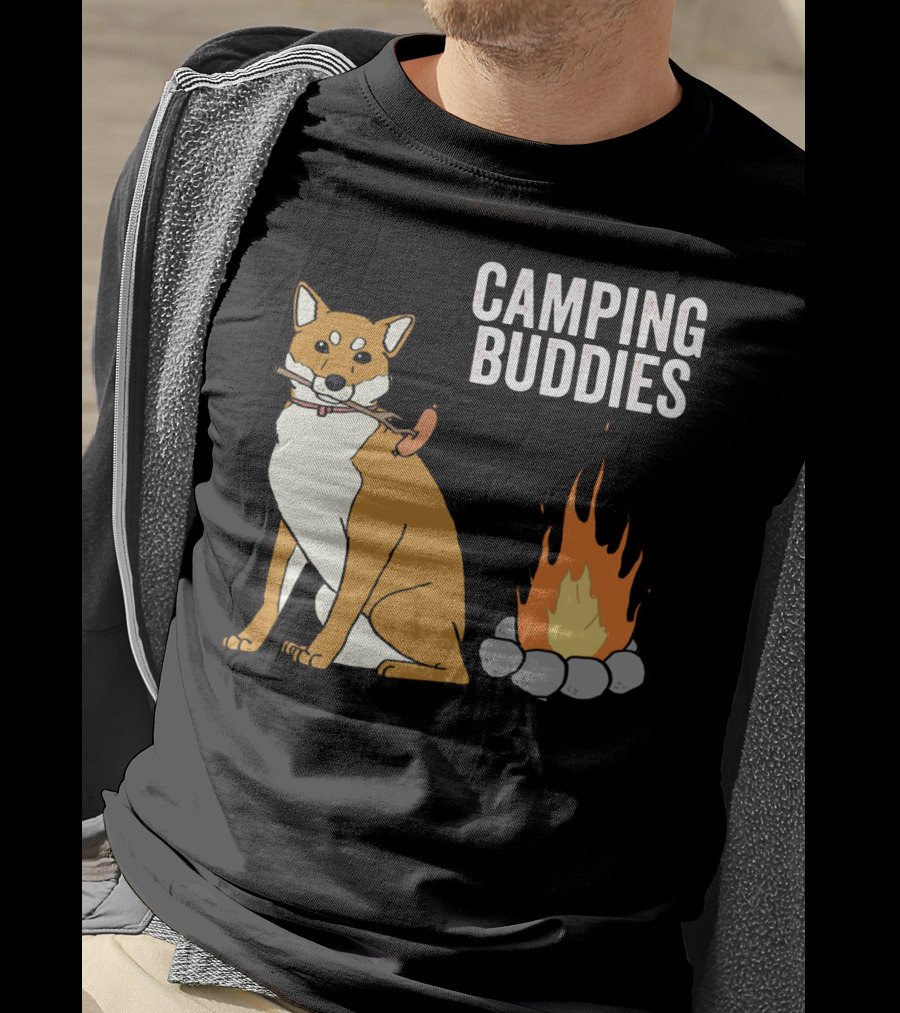 Camping Buddies Shiba Inu Roasting Sausage Near Campfire T-Shirt