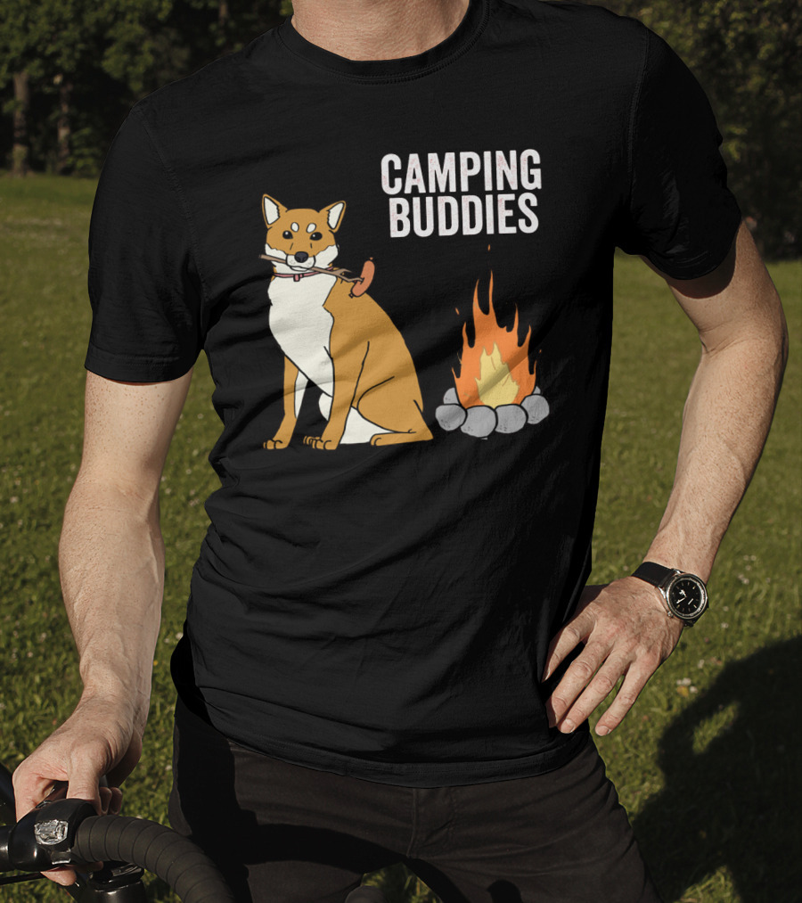 Camping Buddies Shiba Inu Roasting Sausage Near Campfire T-Shirt