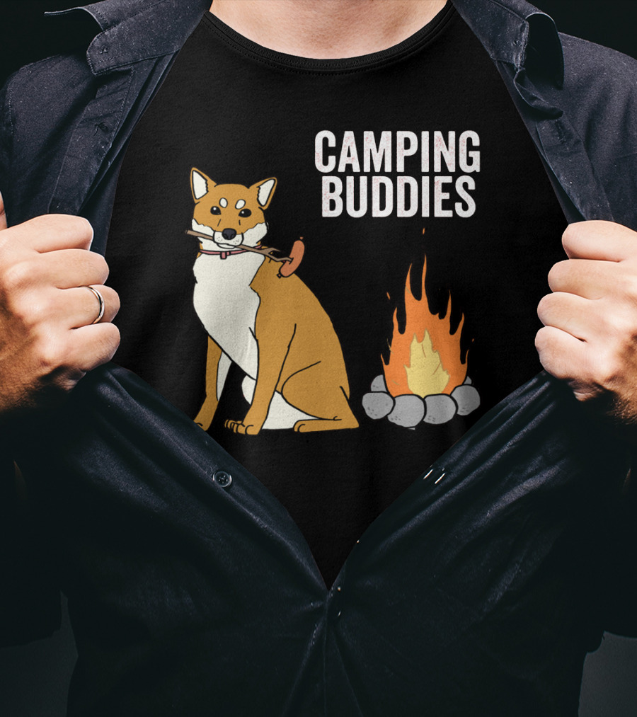 Camping Buddies Shiba Inu Roasting Sausage Near Campfire T-Shirt