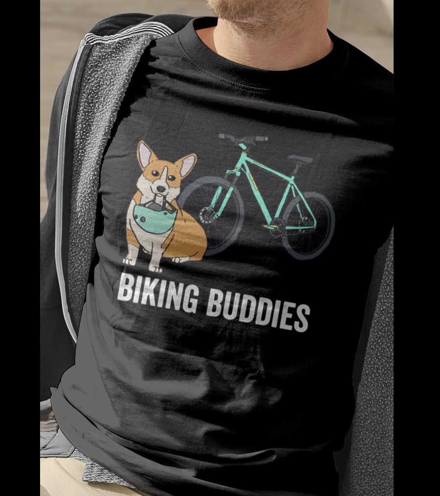 Corgi Biking Buddies With Bicycle Helmet And Mountain Bike T-Shirt