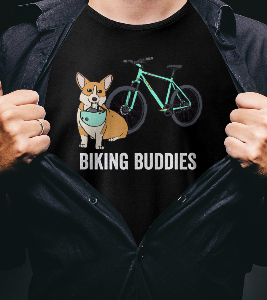Corgi Biking Buddies With Bicycle Helmet And Mountain Bike T-Shirt