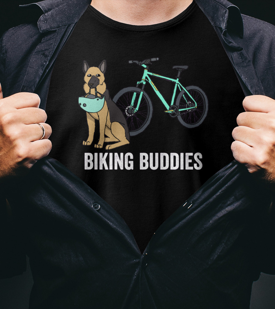 Biking Buddies German Shepherd With Bicycle Helmet And Bike T-Shirt