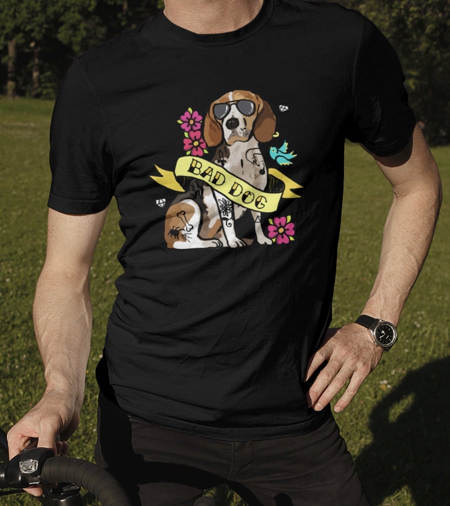 Bad Dog Beagle With Sunglasses And Tattoos Surrounded By Flowers And Bird T-Shirt