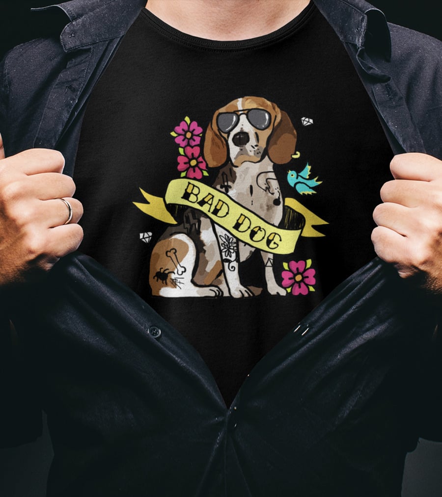 Bad Dog Beagle With Sunglasses And Tattoos Surrounded By Flowers And Bird T-Shirt