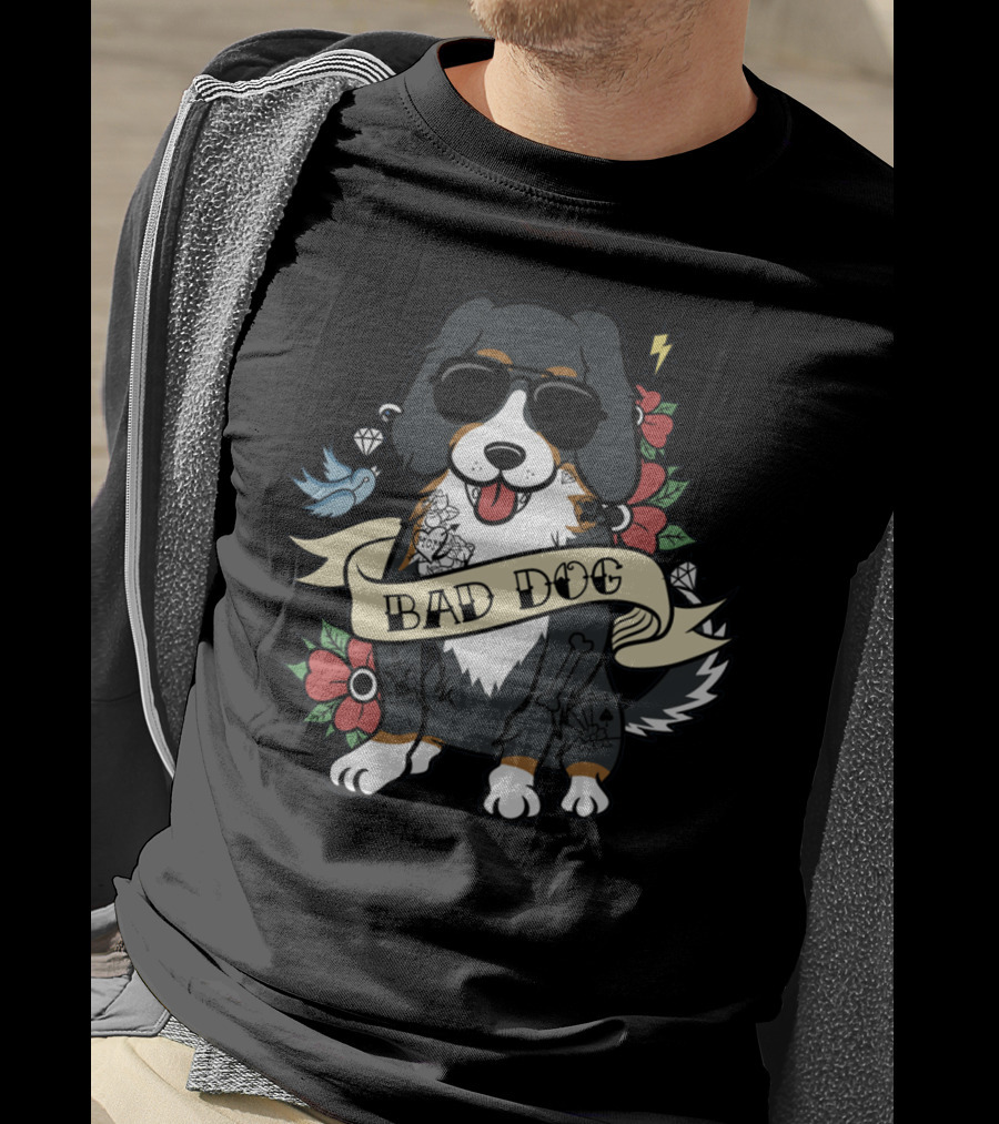 Bernese Mountain Bad Dog With Tattoos, Sunglasses, And Floral Accents T-Shirt