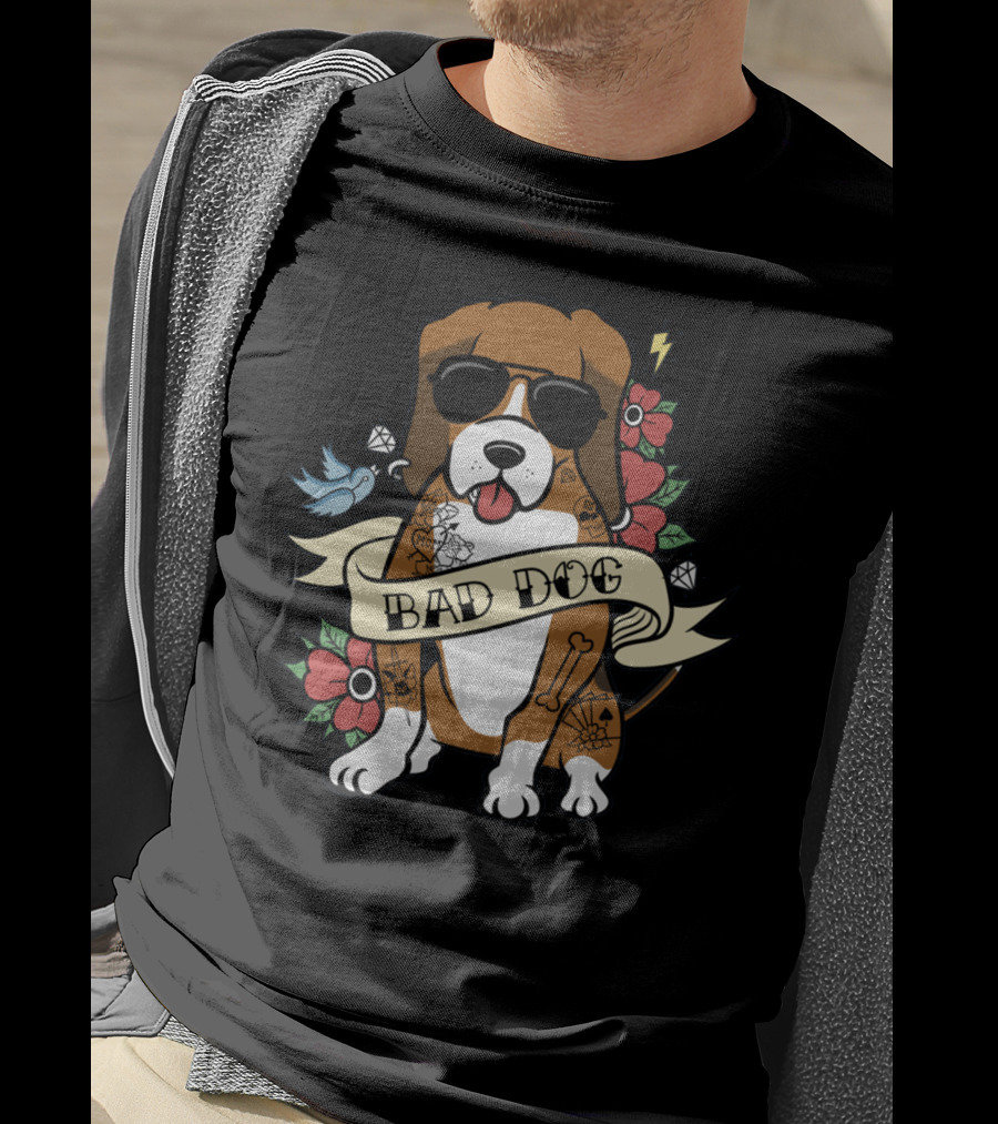 Bad Dog Basset Hound With Sunglasses And Tattoo Motifs T-Shirt