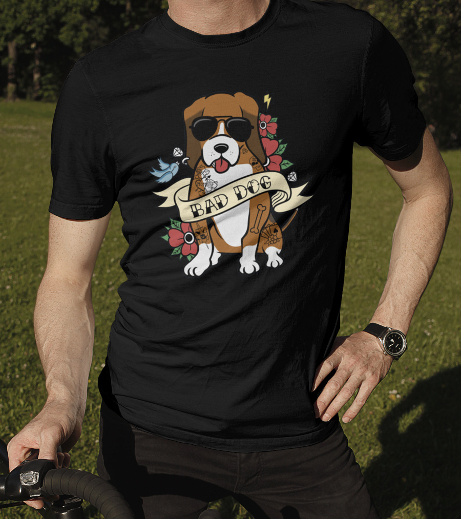 Bad Dog Basset Hound With Sunglasses And Tattoo Motifs T-Shirt