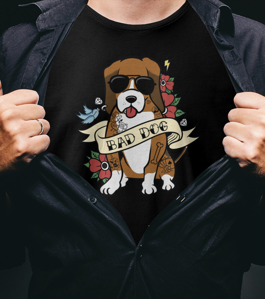 Bad Dog Basset Hound With Sunglasses And Tattoo Motifs T-Shirt
