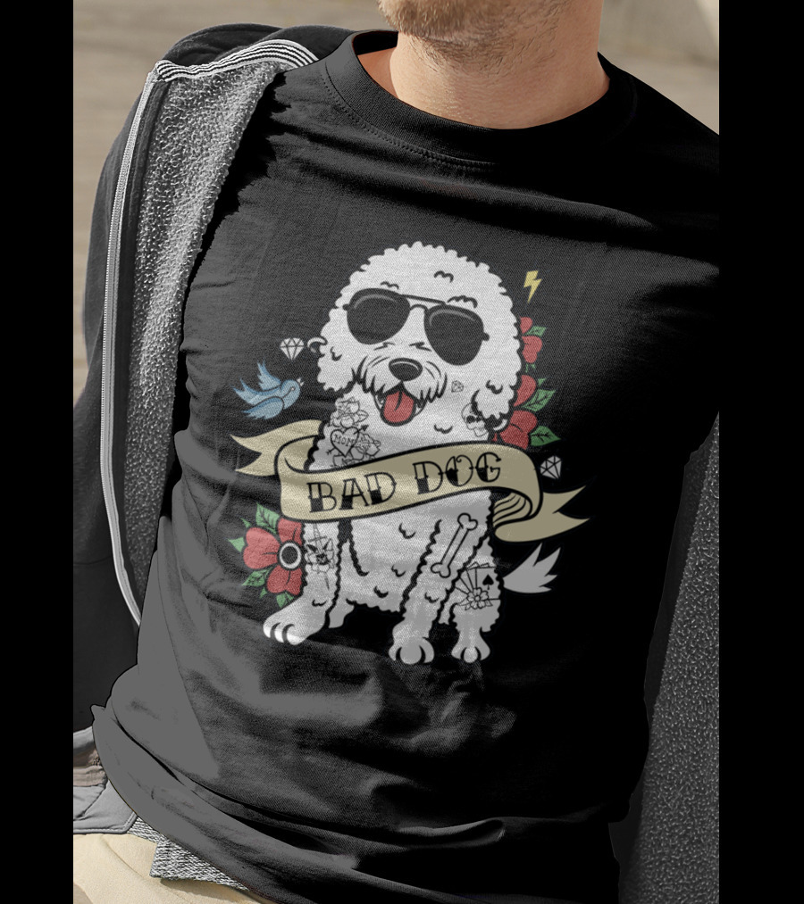 Bichon Frise Bad Dog With Sunglasses Tattoo And Flowers T-Shirt