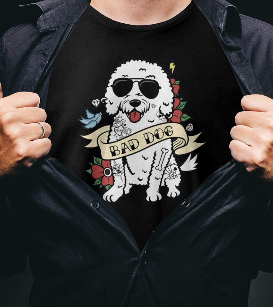 Bichon Frise Bad Dog With Sunglasses Tattoo And Flowers T-Shirt