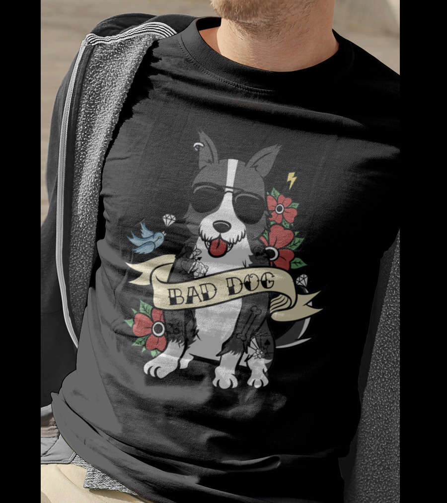 Border Collie Bad Dog Tattoo Style With Sunglasses And Flowers T-Shirt