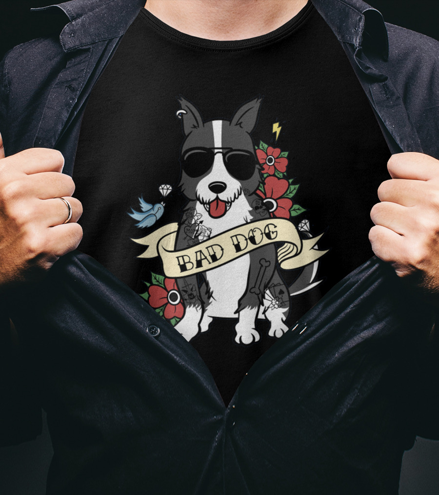 Border Collie Bad Dog Tattoo Style With Sunglasses And Flowers T-Shirt