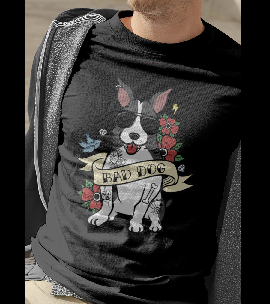 Bad Dog Boston Terrier With Tattoos And Sunglasses Floral And Lightning T-Shirt