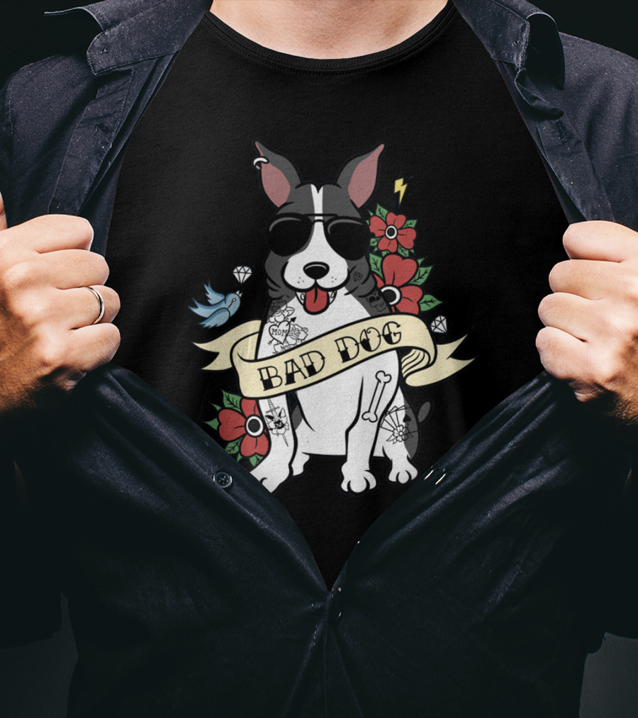 Bad Dog Boston Terrier With Tattoos And Sunglasses Floral And Lightning T-Shirt