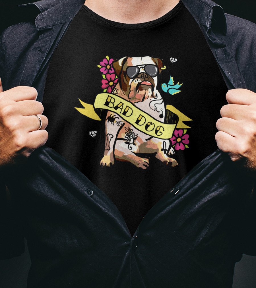 Bad Dog Bulldog With Tattoos And Sunglasses Amidst Flowers And Bluebird T-Shirt