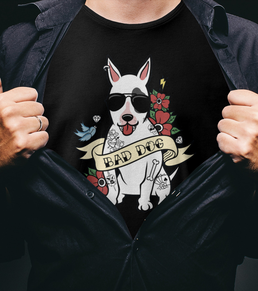 BAD DOG Tattooed Bull Terrier With Sunglasses And Flowers T-Shirt