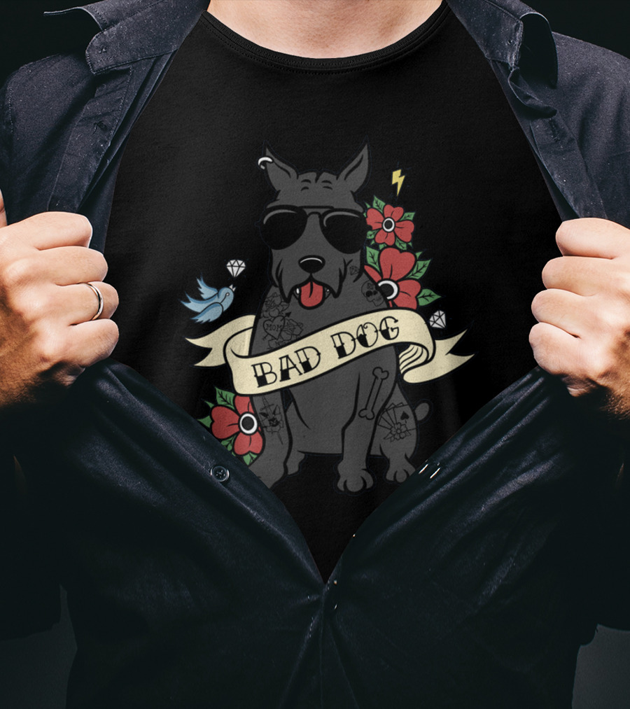 Cane Corso Bad Dog Sunglasses Tattoo Art With Flowers Lightning Bone Banner T-Shirt