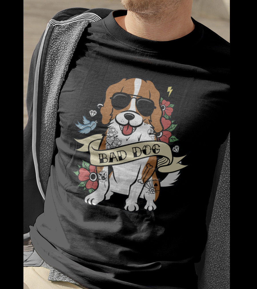 Cavalier Bad Dog With Tattoos And Sunglasses Surrounded By Flowers And Symbols T-Shirt