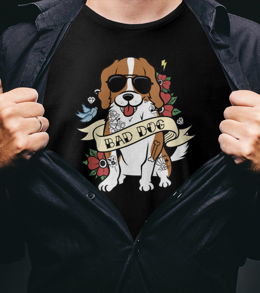 Cavalier Bad Dog With Tattoos And Sunglasses Surrounded By Flowers And Symbols T-Shirt