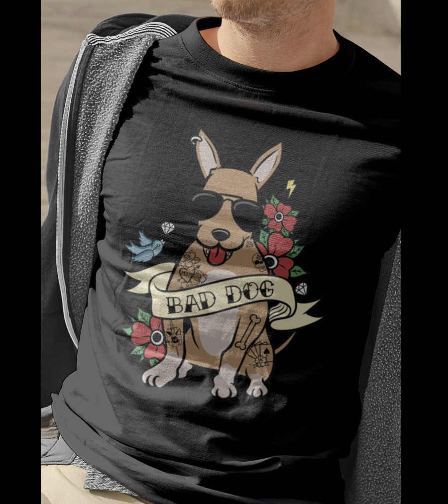 Chihuahua Bad Dog Tattoo Style With Sunglasses Flowers And Bird T-Shirt