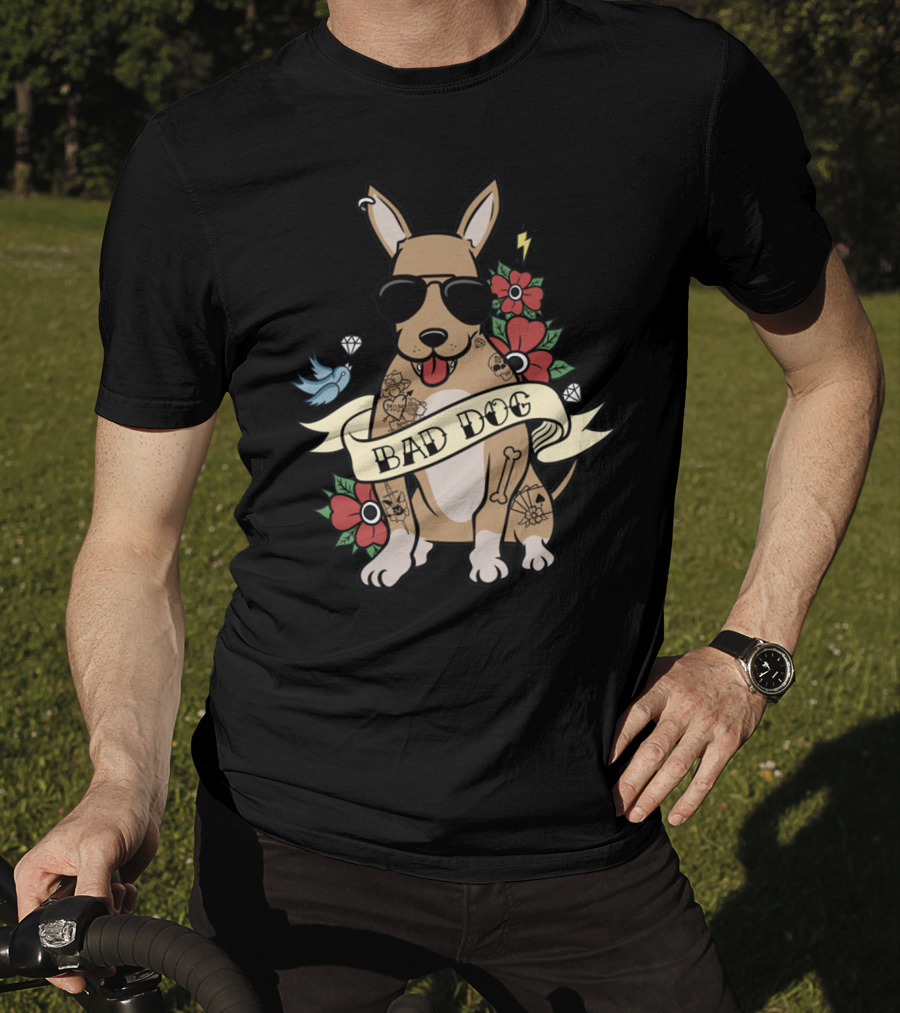 Chihuahua Bad Dog Tattoo Style With Sunglasses Flowers And Bird T-Shirt
