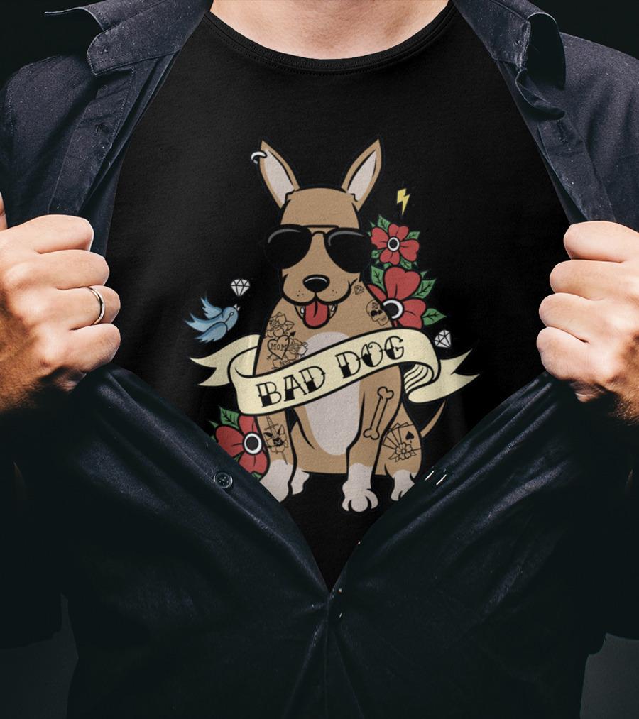 Chihuahua Bad Dog Tattoo Style With Sunglasses Flowers And Bird T-Shirt