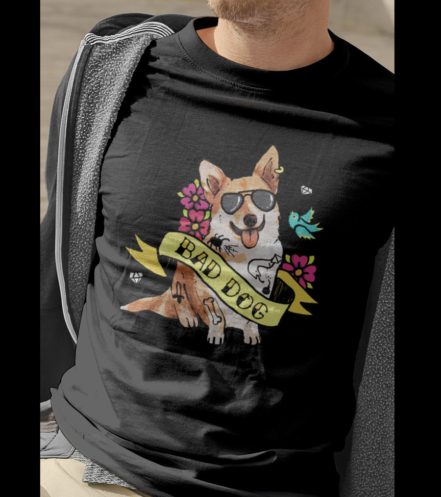 Bad Dog Corgi With Sunglasses And Flowers T-Shirt