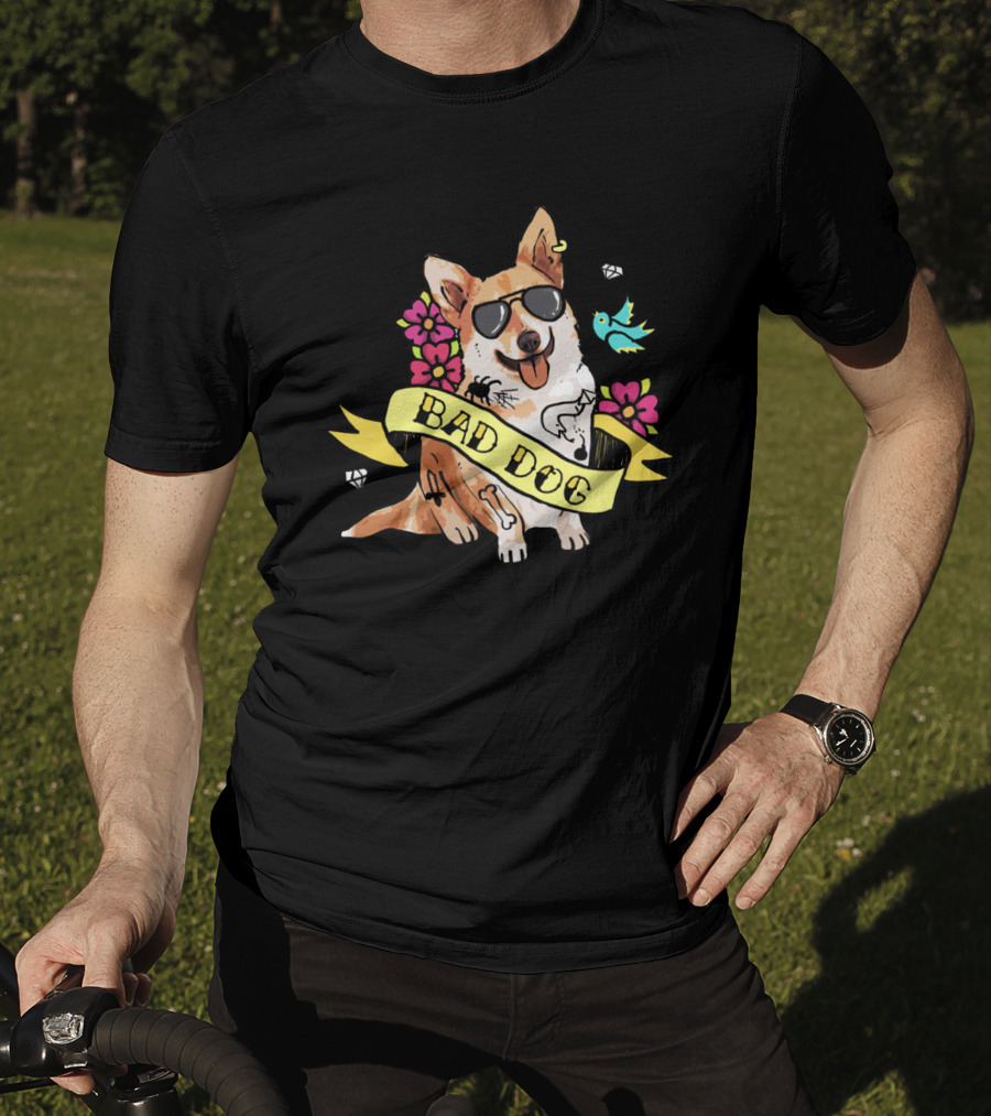 Bad Dog Corgi With Sunglasses And Flowers T-Shirt