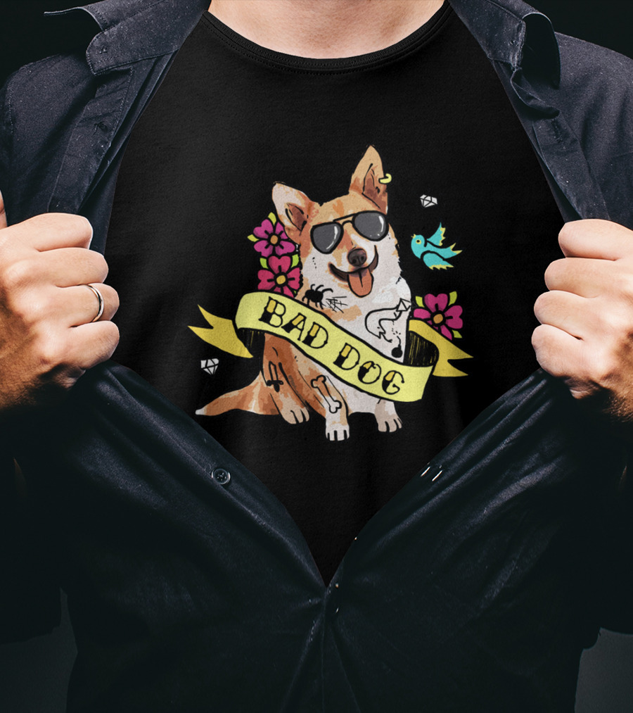 Bad Dog Corgi With Sunglasses And Flowers T-Shirt