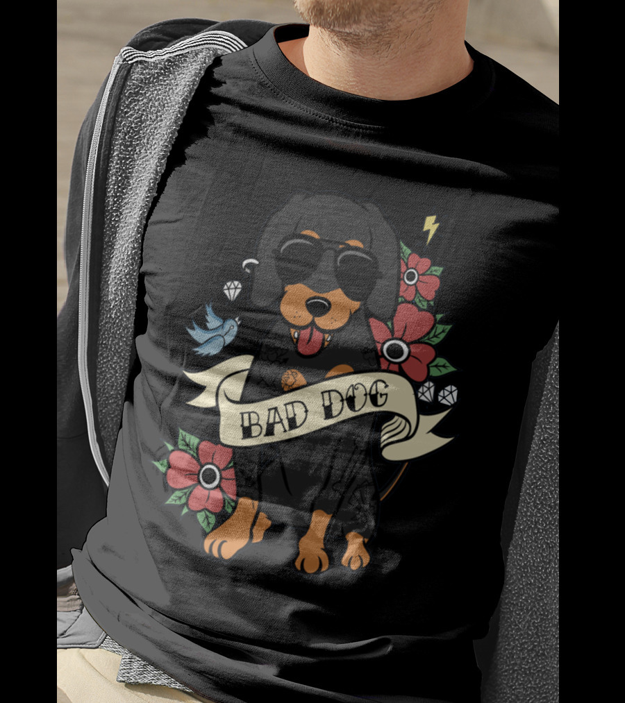 Bad Dog Cool Dachshund With Sunglasses And Tattoos Surrounded By Flowers And Lightning T-Shirt