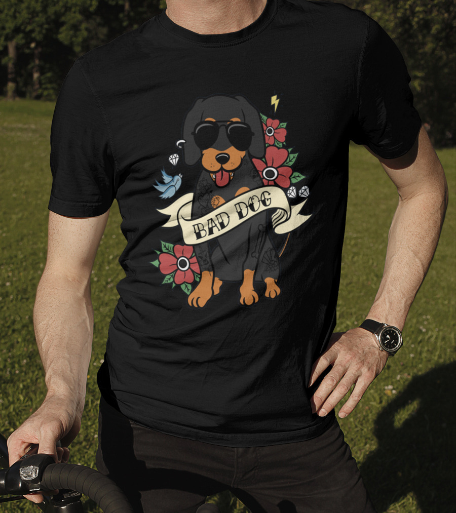 Bad Dog Cool Dachshund With Sunglasses And Tattoos Surrounded By Flowers And Lightning T-Shirt