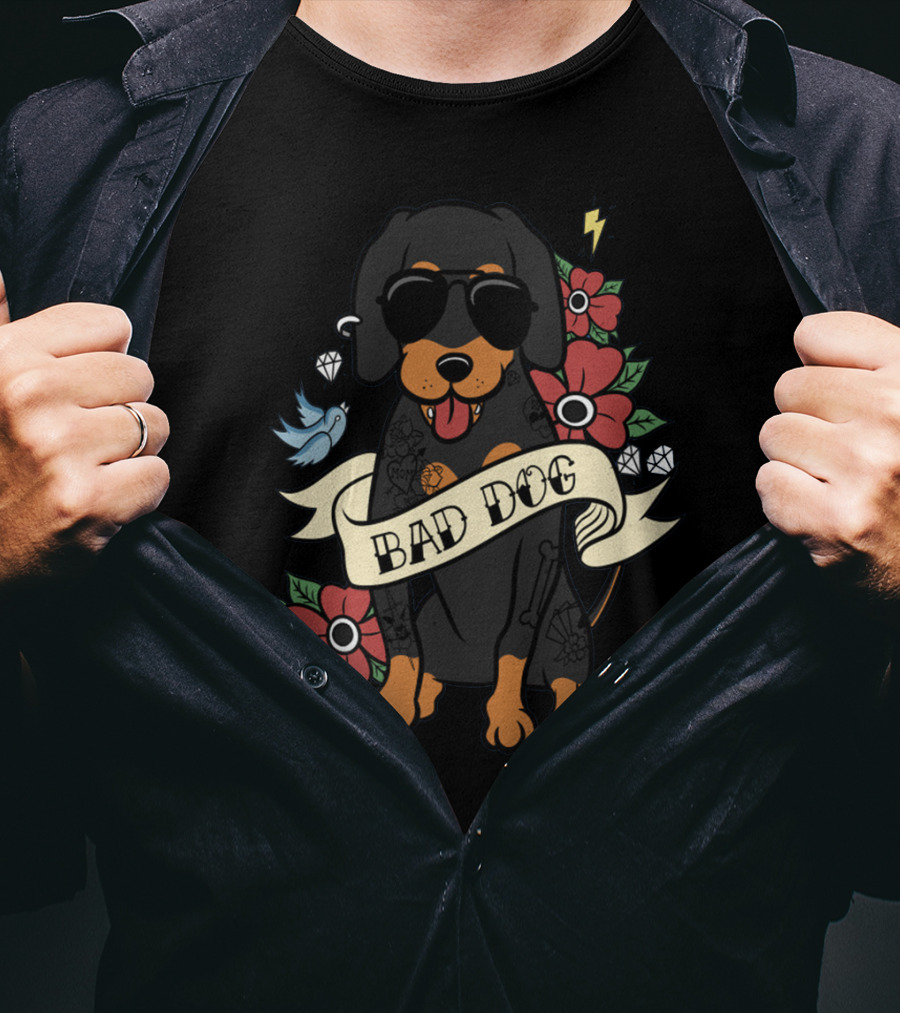 Bad Dog Cool Dachshund With Sunglasses And Tattoos Surrounded By Flowers And Lightning T-Shirt