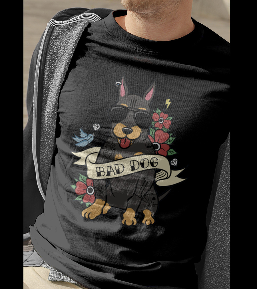 Bad Dog Doberman With Sunglasses And Tattoos Surrounded By Flowers And Bird Icons T-Shirt