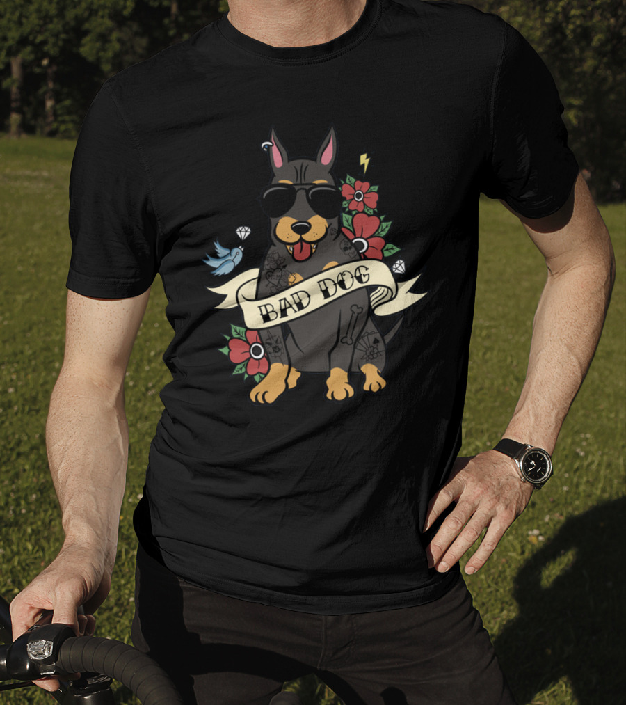 Bad Dog Doberman With Sunglasses And Tattoos Surrounded By Flowers And Bird Icons T-Shirt