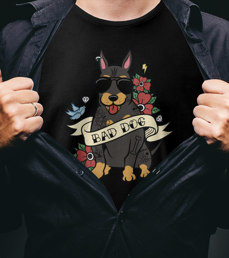 Bad Dog Doberman With Sunglasses And Tattoos Surrounded By Flowers And Bird Icons T-Shirt