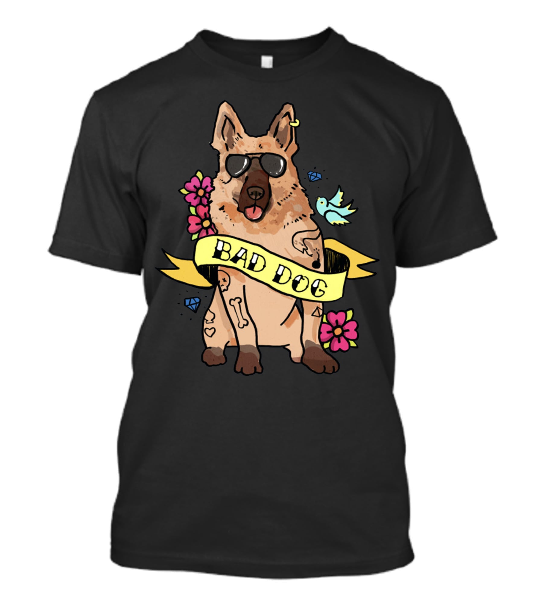 German Shepherd Bad Dog Cool Sunglasses Tattoo Style Flowers And Bird Banner T-Shirt