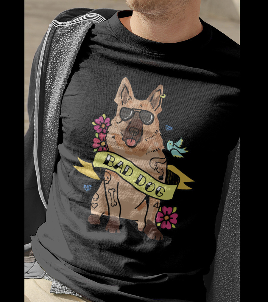 German Shepherd Bad Dog Cool Sunglasses Tattoo Style Flowers And Bird Banner T-Shirt