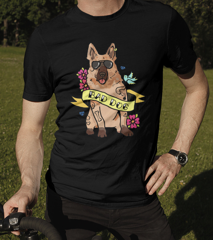 German Shepherd Bad Dog Cool Sunglasses Tattoo Style Flowers And Bird Banner T-Shirt