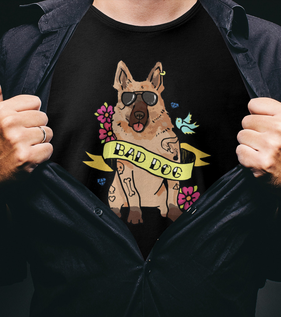 German Shepherd Bad Dog Cool Sunglasses Tattoo Style Flowers And Bird Banner T-Shirt