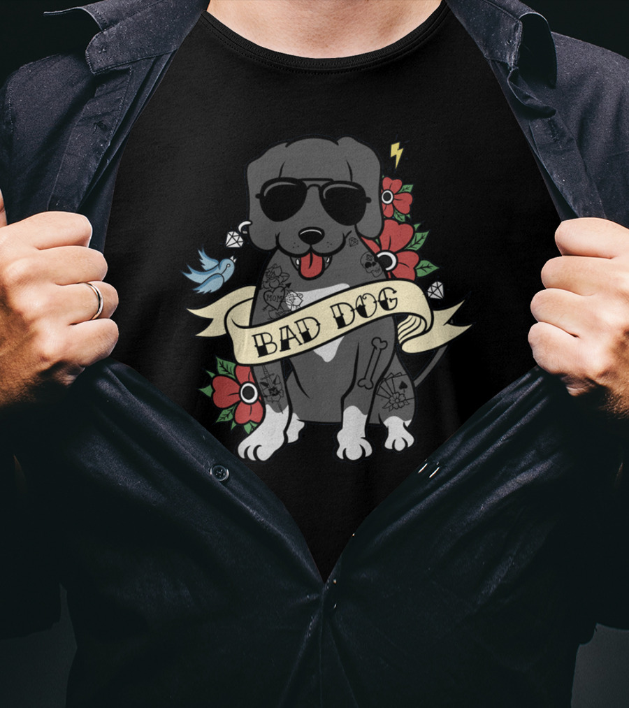 Great Dane Bad Dog Sunglasses Tattoo Flowers Bird Cartoon T-Shirt