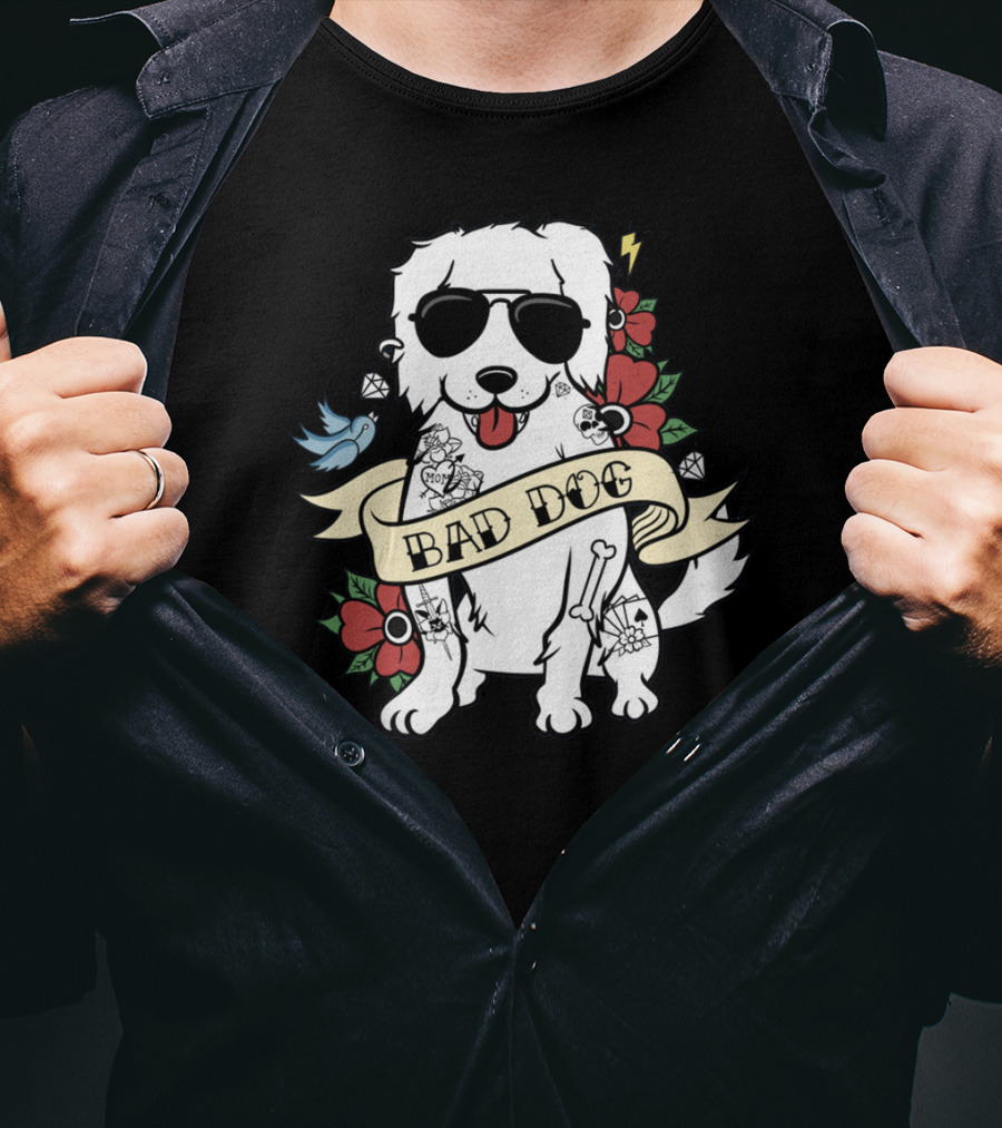 Great Pyrenees Bad Dog With Sunglasses And Tattoo Style Flowers T-Shirt