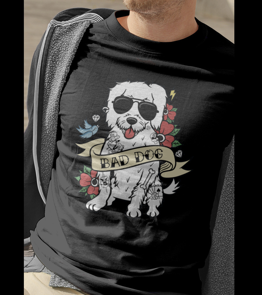 Maltese Bad Dog With Sunglasses And Tattoo Style Surrounded By Flowers And Diamonds T-Shirt
