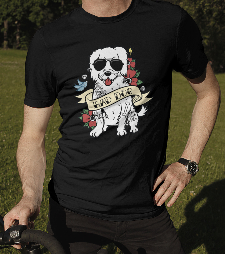 Maltese Bad Dog With Sunglasses And Tattoo Style Surrounded By Flowers And Diamonds T-Shirt