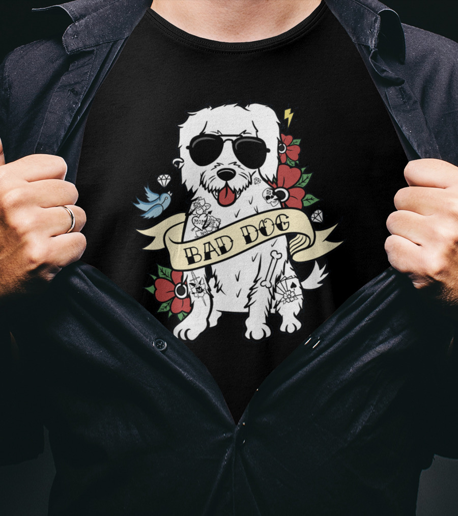 Maltese Bad Dog With Sunglasses And Tattoo Style Surrounded By Flowers And Diamonds T-Shirt