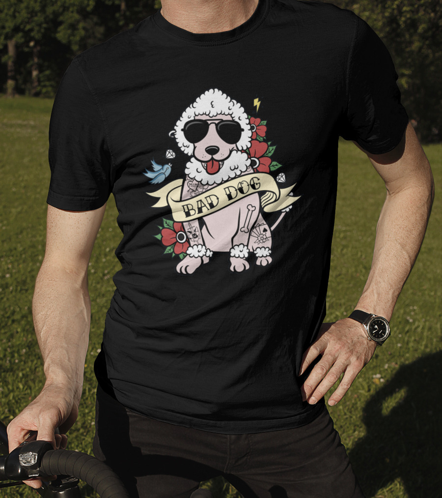 Poodle Bad Dog Wearing Sunglasses Tattoo Style With Lightning Flowers And Blue Bird T-Shirt