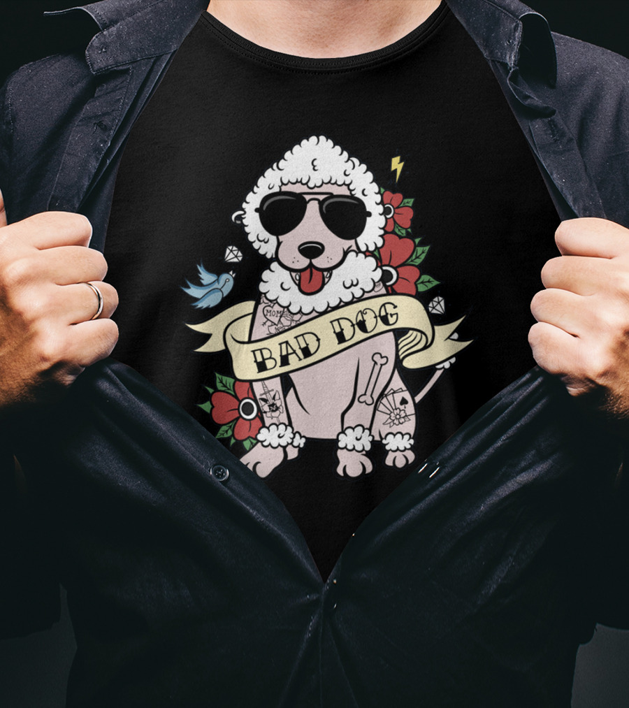 Poodle Bad Dog Wearing Sunglasses Tattoo Style With Lightning Flowers And Blue Bird T-Shirt