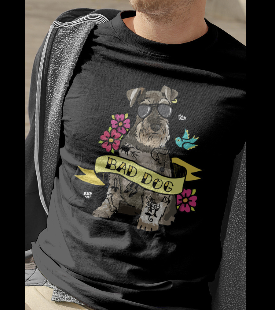 Schnauzer Bad Dog Tattoo Style With Flowers And Bird T-Shirt